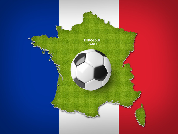 Una pelota de fútbol en un mapa de Francia con una textura de campo de fútbol a rayas verdes en una bandera de Francia
. - Foto, imagen