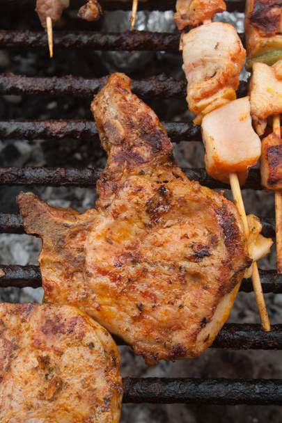 bbq meat on sticks grilled on brazier - Photo, Image