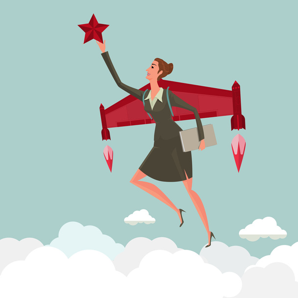 Young woman flying with a rocket takes hold of a star. Business growth and start up concept. Vector illustration. - Vector, Image
