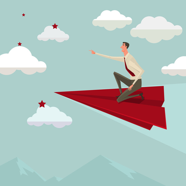 Businessman flying on a red paper airplane betake leadership. - Vector, Image