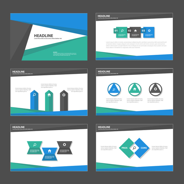 Modelli di presentazione blu e verde Elementi infografici set di design piatto per brochure depliant pubblicità di marketing
 - Vettoriali, immagini