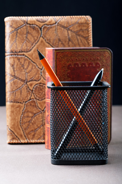 pencil and pen with organizers in leather cover - Foto, immagini