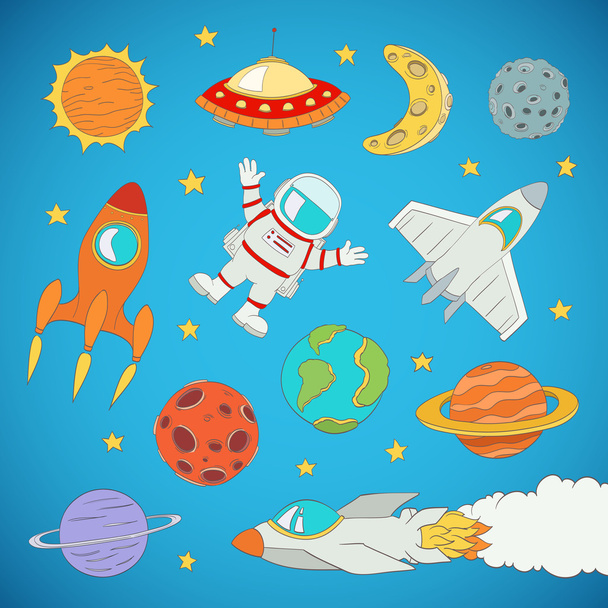 set of cartoon cute outer space astronaut, planets, rockets. vec - Vector, afbeelding