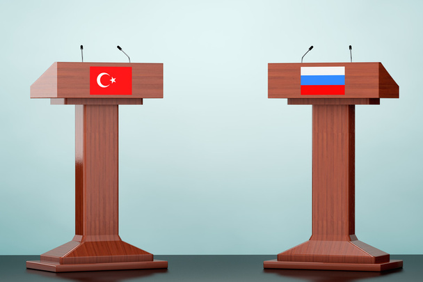 Wooden Podium Tribune Rostrum Stands with Turkey and Russian fla - Photo, Image