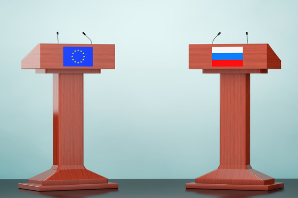 Fából készült Pódium Tribune Rostrum áll az Európai Unió és a Rus - Fotó, kép