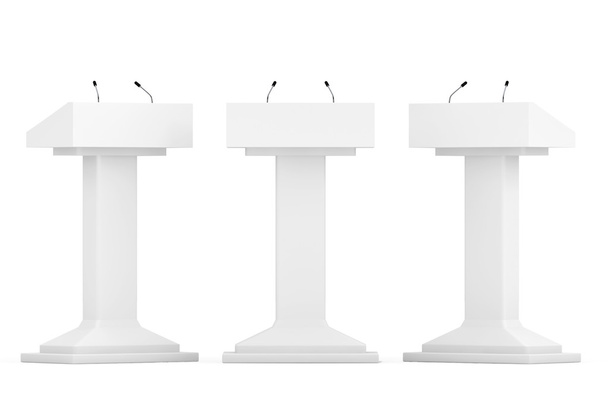 Soportes de tribuna podio blanco con micrófonos
  - Foto, imagen