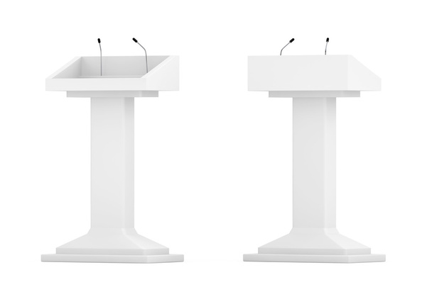 Soportes de tribuna podio blanco con micrófonos
  - Foto, Imagen