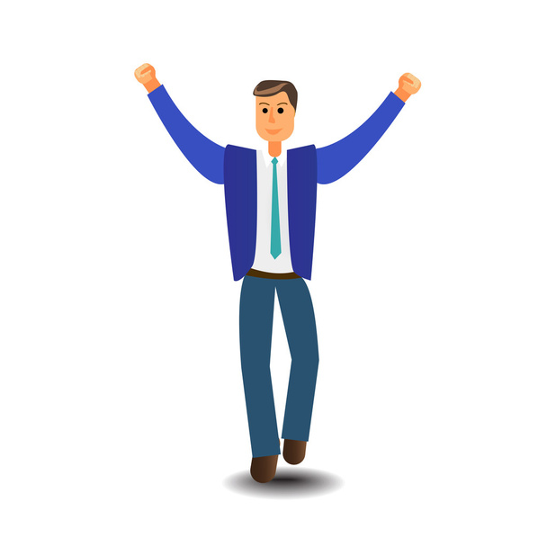 Personaje de dibujos animados Hombre de negocios Emocionado Sujete las manos hacia arriba Brazos levantados
 - Vector, imagen