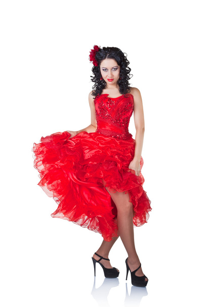 Kırmızı elbiseli güzel İspanyolca kadın - Fotoğraf, Görsel