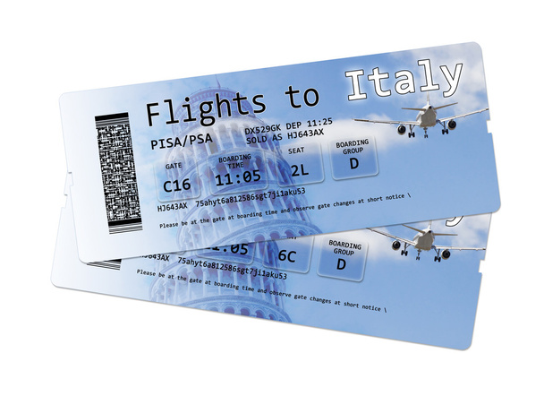 Linie lotnicze przepustka bilety do "Włochy" na białym tle.  - Zdjęcie, obraz