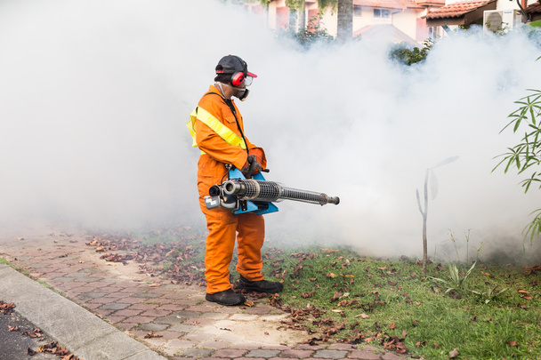 Trabalhador nevoeiro área residencial com inseticidas para matar aedes
  - Foto, Imagem