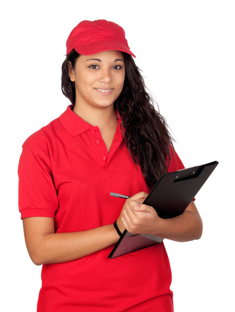 młody pracownik z czerwonym mundurze - Zdjęcie, obraz