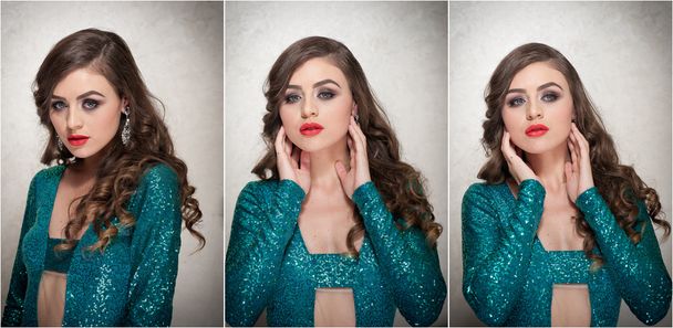 Hairstyle and Make up - beautiful female art portrait with beautiful eyes. Elegance. Long hair brunette in studio. Portrait of a attractive woman with red lips in turquoise sparkling creative blouse - Photo, Image
