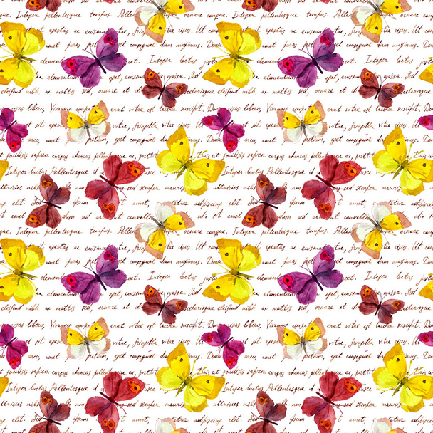 Butterflies and handwritten old letter. Watercolor. Seamless butterfly pattern - Photo, Image