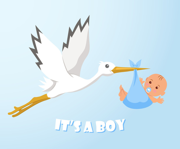 コウノトリと赤ちゃん。おむつの赤ちゃんを運ぶコウノトリ - ベクター画像