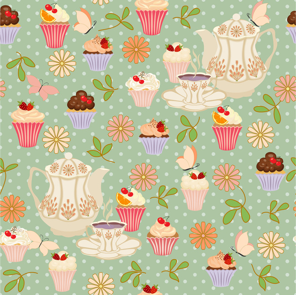 Vector seamless pattern with tea, daisies, butterflies. - Vector, Image