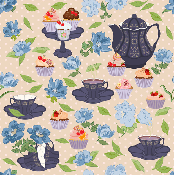 nahtloses Muster mit Teekannen, Tassen, Cupcakes, Blumen. - Vektor, Bild