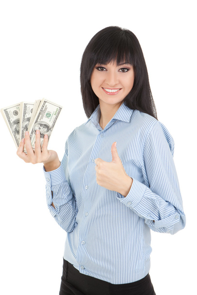 Young business woman with pile of money - Фото, зображення
