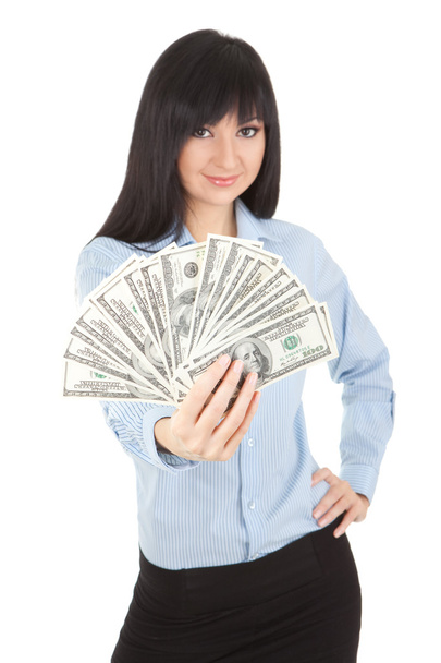 Young business woman with pile of money - Foto, Bild