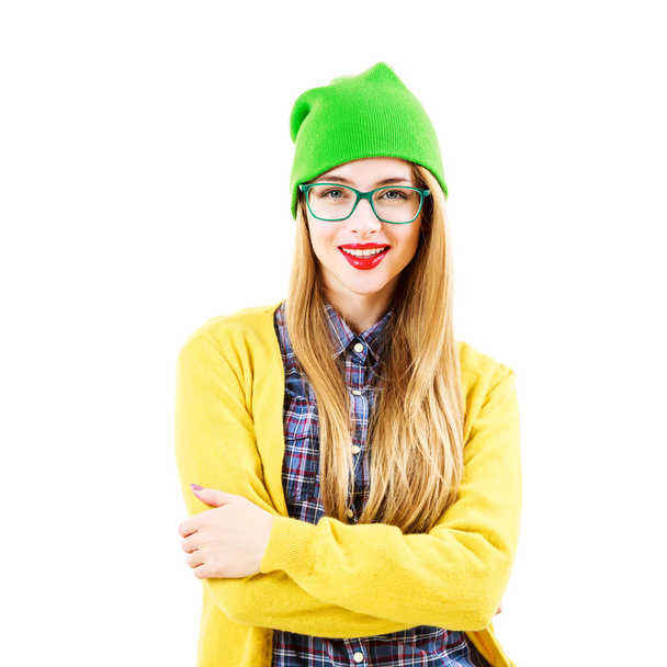 Smiling Street Style Hipster Girl Isolated at White Background - Photo, Image