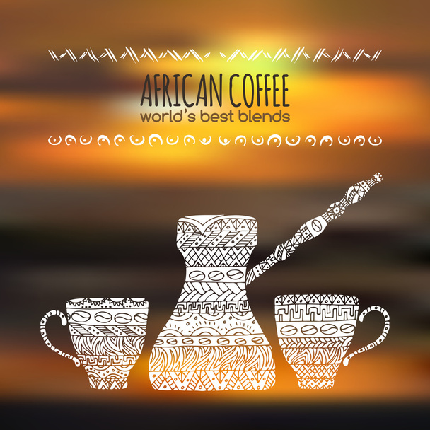 African coffee design with pot and cups on blurred background. - Vector, Image