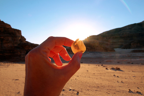 Kivi kädessä auringon ja vuorten taustalla
 - Valokuva, kuva