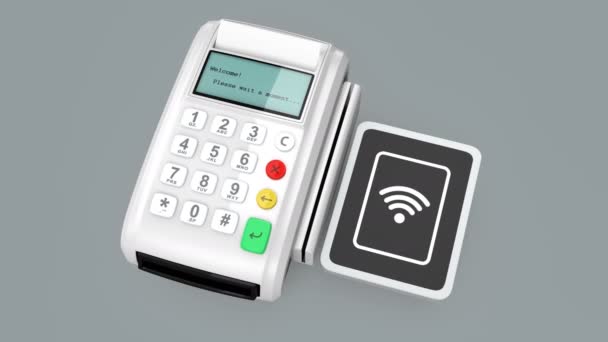 Animación del concepto de pago móvil sin efectivo por teléfono inteligente y dispositivo de terminal táctil menos
 - Imágenes, Vídeo