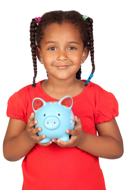 African little girl with a blue piggy-bank - Photo, Image