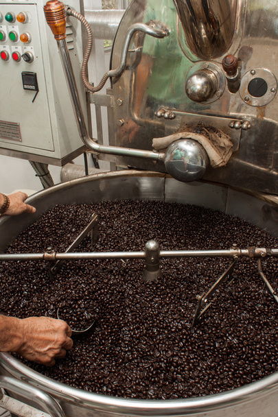 Grãos de café recém-torrados em uma torradeira de café
 - Foto, Imagem