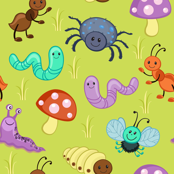 Roztomilý bezešvé vzory s kreslenými šťastný hmyz. - Vektor, obrázek