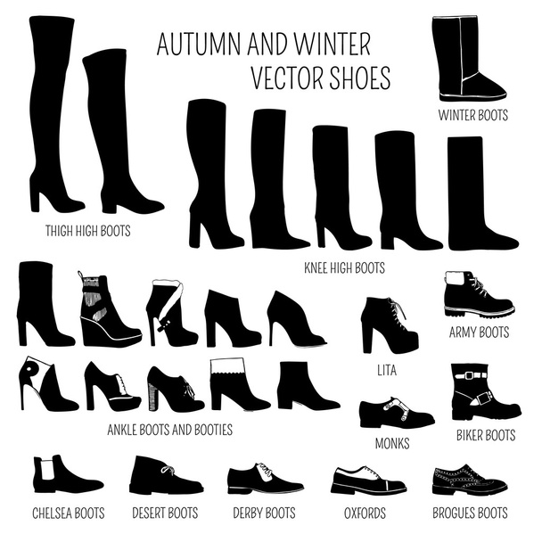 Verzameling van vector vrouwen herfst en winter schoenen geïsoleerd op witte achtergrond - Vector, afbeelding
