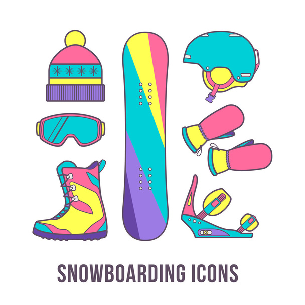 Βασικό εξοπλισμό για snowboarding. Πολύχρωμο σύνολο σνόουμπορντ εικονίδιο - Διάνυσμα, εικόνα
