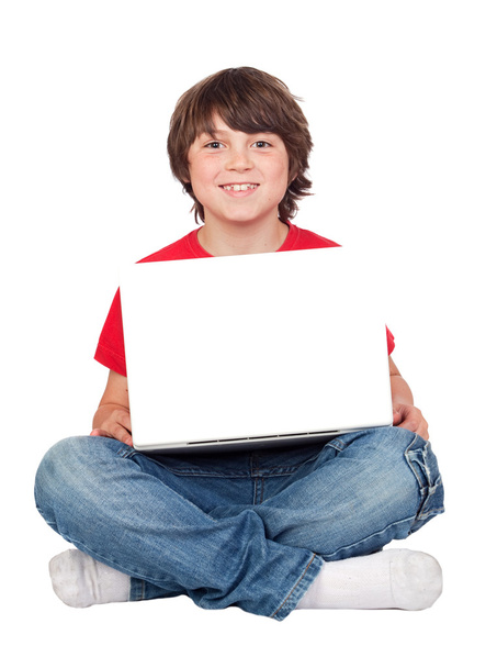 Adorable little boy sitting with laptop - Foto, Imagen