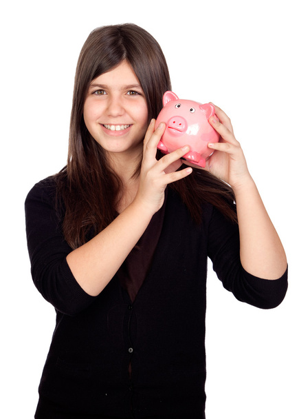 Adorable chica preadolescente con caja de dinero
 - Foto, imagen