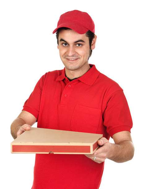 Garçon avec uniforme rouge livrant une boîte à pizza
 - Photo, image