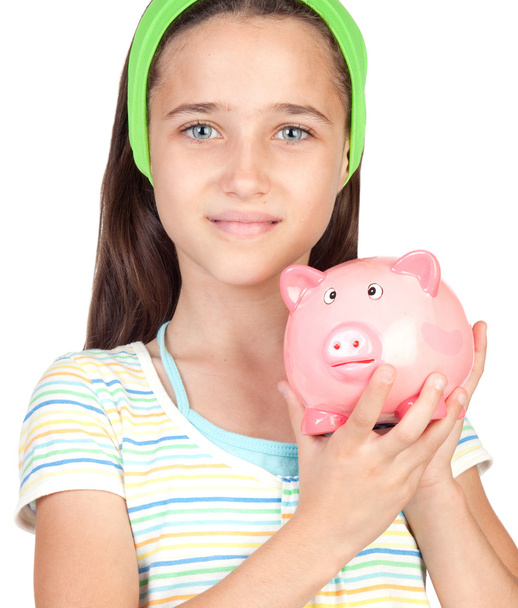 Adorable little girl with money-box - Фото, изображение