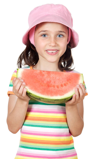Suloinen tyttö syö vesimelonia
 - Valokuva, kuva