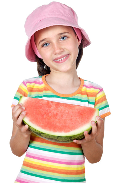 Suloinen tyttö syö vesimelonia
 - Valokuva, kuva