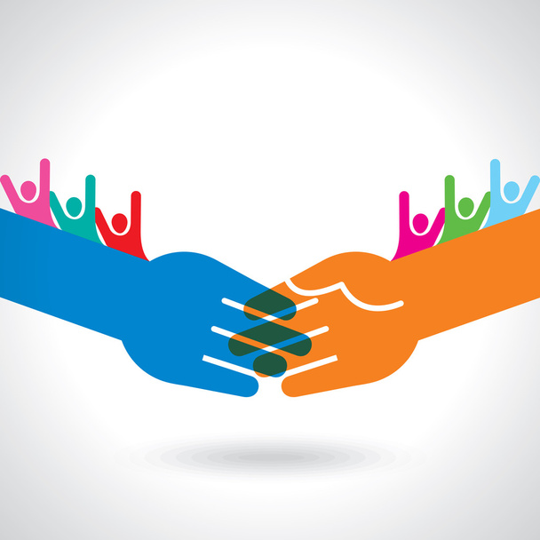 teamwork concept with handshake and people - Vector, Image