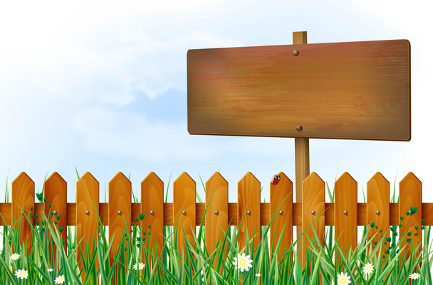 Wooden fence and sign on spring meadow - Vector, Image