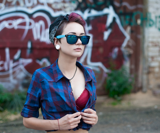 Emo girl in pin-up sunglasses - Фото, изображение