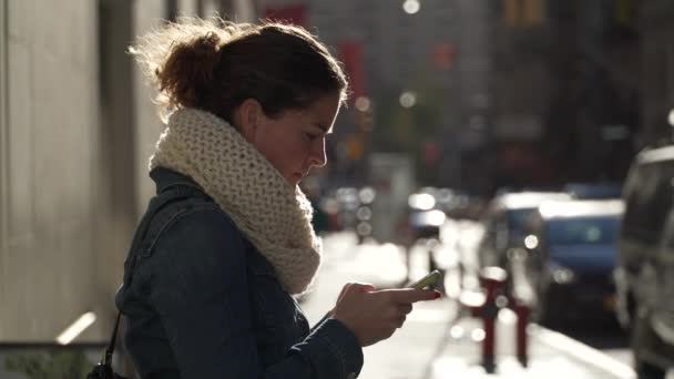 Een mooie vrouw maakt gebruik van haar mobiele telefoon om te bellen en tekst - Video