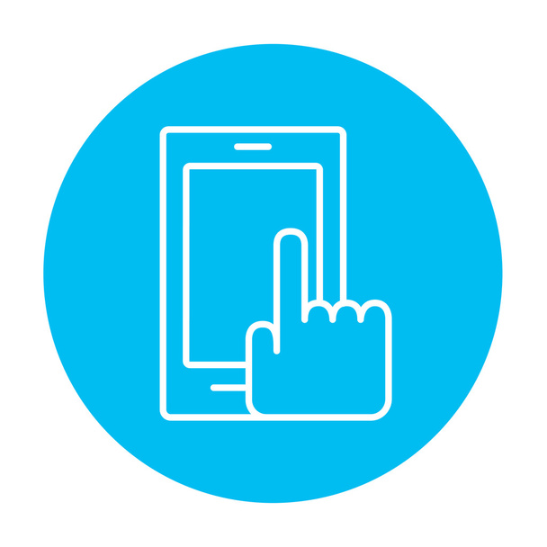 Finger pointing at smart phone line icon. - Vektör, Görsel