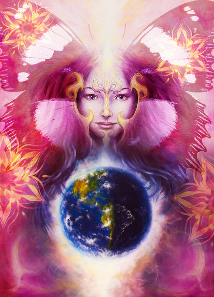 Güzel resim Tanrıça kadın süs mandala ve renk arka plan ve çöl crackle ve dünya ile. - Fotoğraf, Görsel