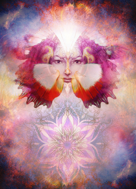 Krásná malba bohyně žena s pták phoenix na tváři s okrasným mandaly a motýlí křídla a barvu pozadí abstraktní a oční kontakt. - Fotografie, Obrázek