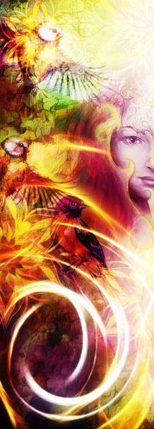 Красивая богиня живописи Женщина с декоративной мандалой и цветом абстрактного фона и птица с огнем
. - Фото, изображение