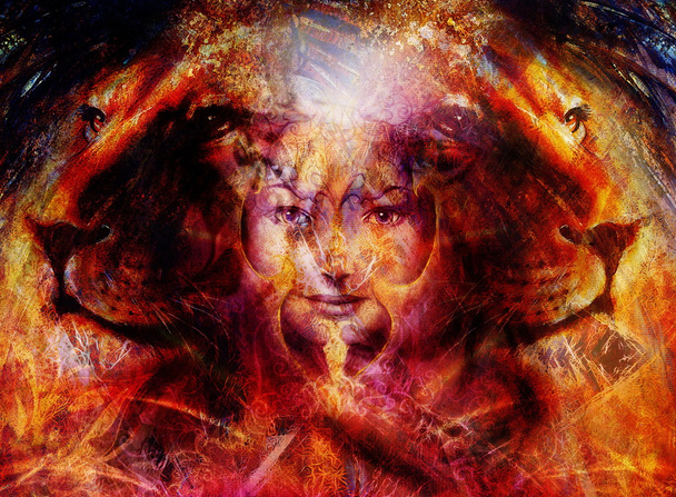 pintura poderosa cabeza de león sobre fondo ornamental y cara de mujer mística, collage de computadora
. - Foto, imagen