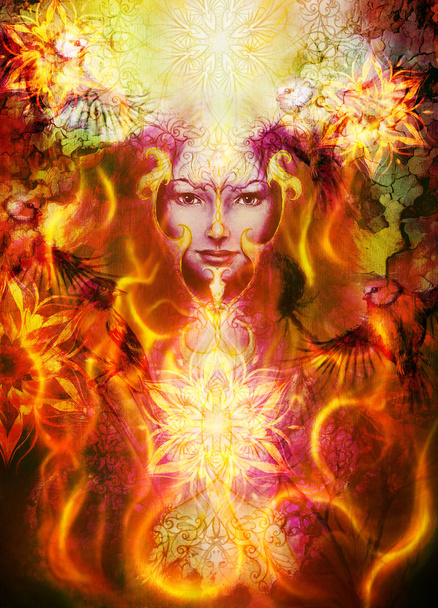 Gyönyörű festmény istennő nő díszítő mandala és színes absztrakt háttér és a madár a tűz. - Fotó, kép