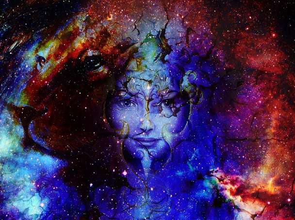 Goodnes woman and lion in space with galaxi and stars. profile portrait, eye contact. - Photo, Image