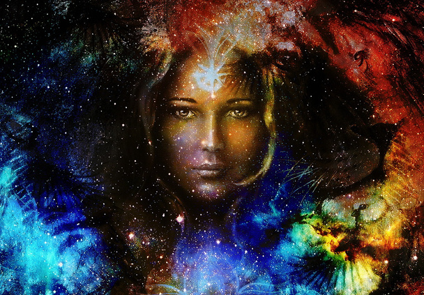 Goodnes woman and lion  and bird in space with galaxi and stars. profile portrait, eye contact. - Photo, Image